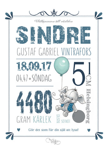 Personlig Poster | Födelsetavla | Blue Elephant
