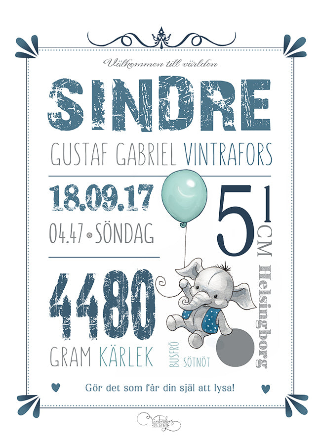 Personlig Poster | Födelsetavla | Blue Elephant