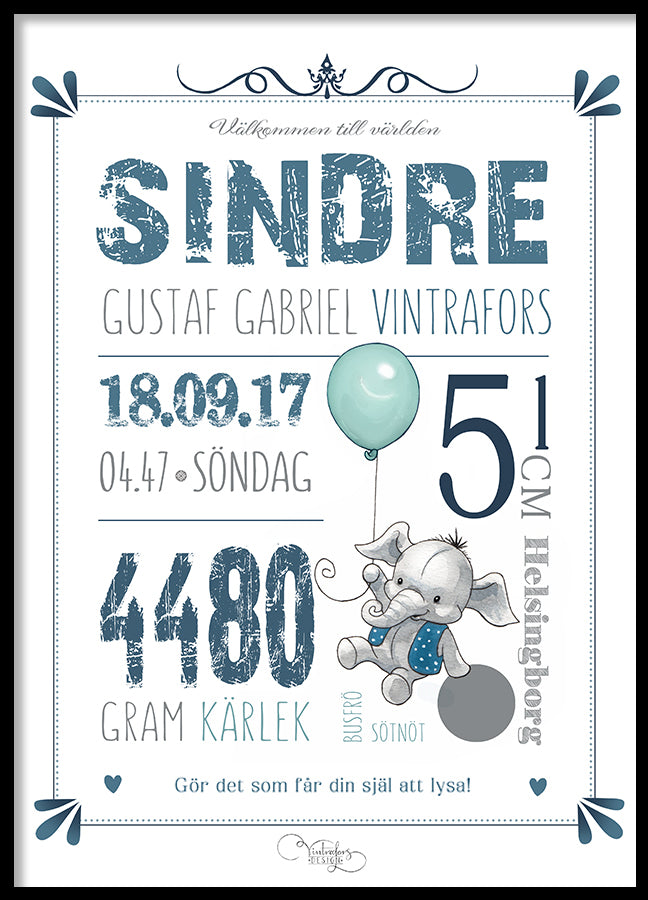 Personlig Poster | Födelsetavla | Blue Elephant