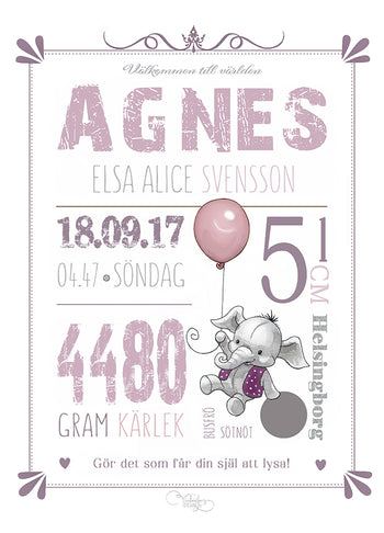 Personlig Poster | Födelsetavla | Doptavla | Pink Elephant