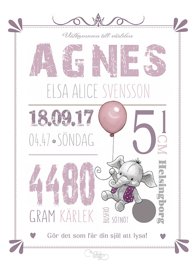 Personlig Poster | Födelsetavla | Doptavla | Pink Elephant