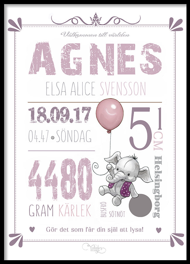 Personlig Poster | Födelsetavla | Doptavla | Pink Elephant