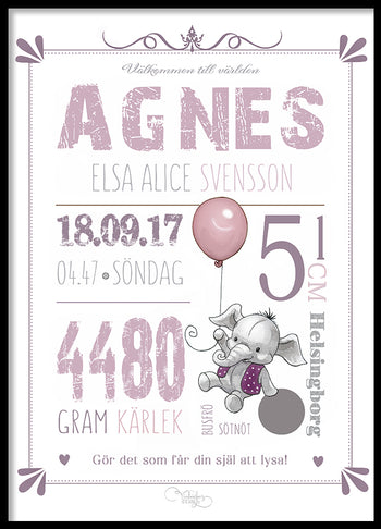 Personlig Poster | Födelsetavla | Doptavla | Pink Elephant