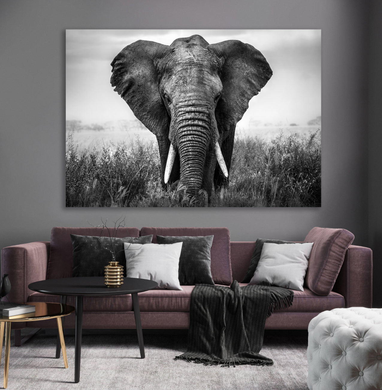 Ljuddämpande tavla - Elefant i svartvita nyanser