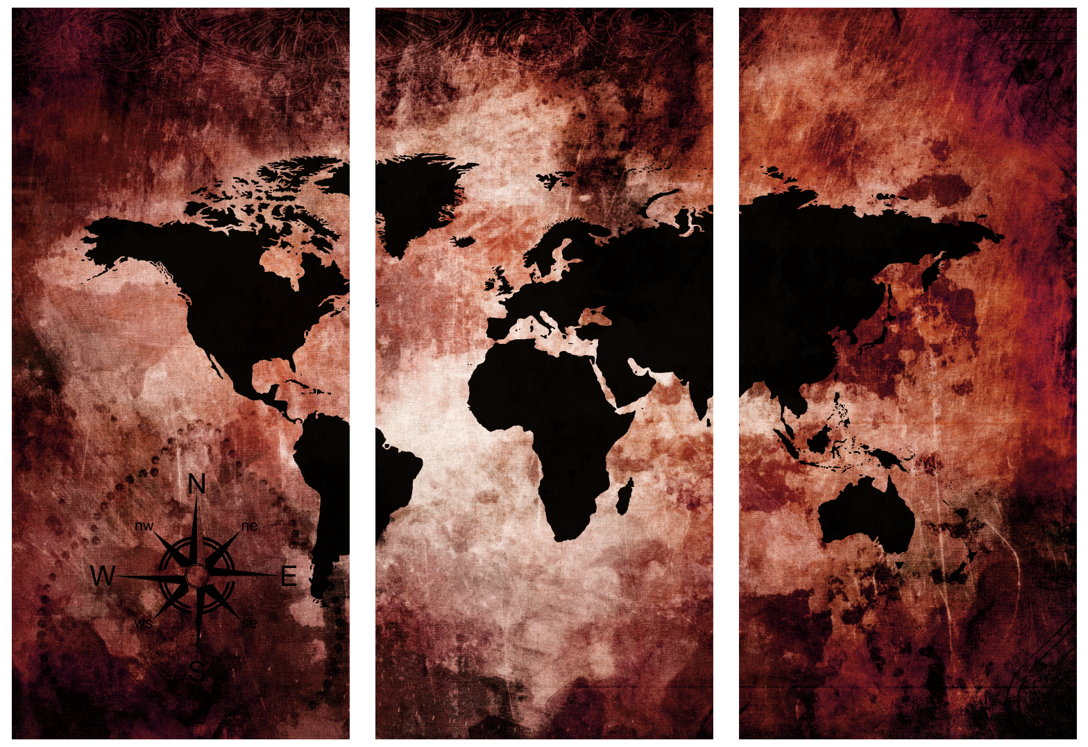 Ljuddämpande tavla - The world map - Röd världskarta i tre delar