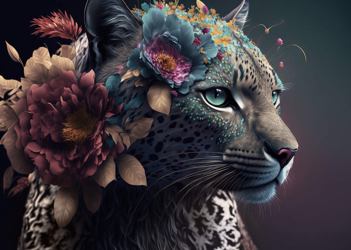 Ljuddämpande tavla - White Leopard with flowers