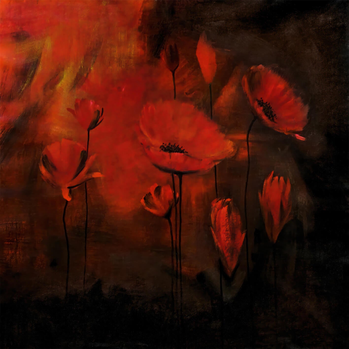 Abstrakt Oljemålning - Poppy in the night