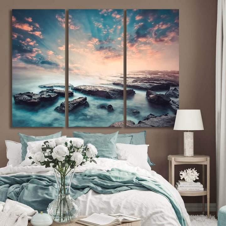 Ljuddämpande tavla - Turquoise Sunrise - Turkos Soluppgång i tre delar