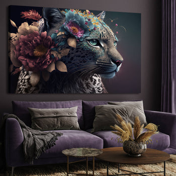 Canvastavla - White Leopard with flowers