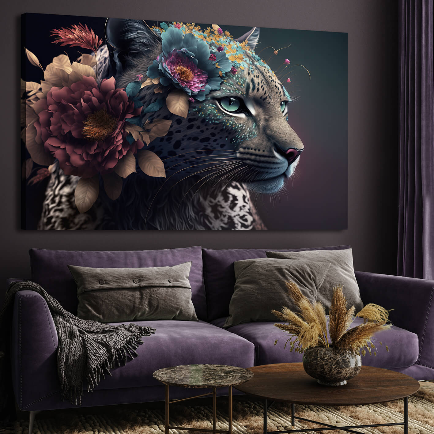 Canvastavla - White Leopard with flowers