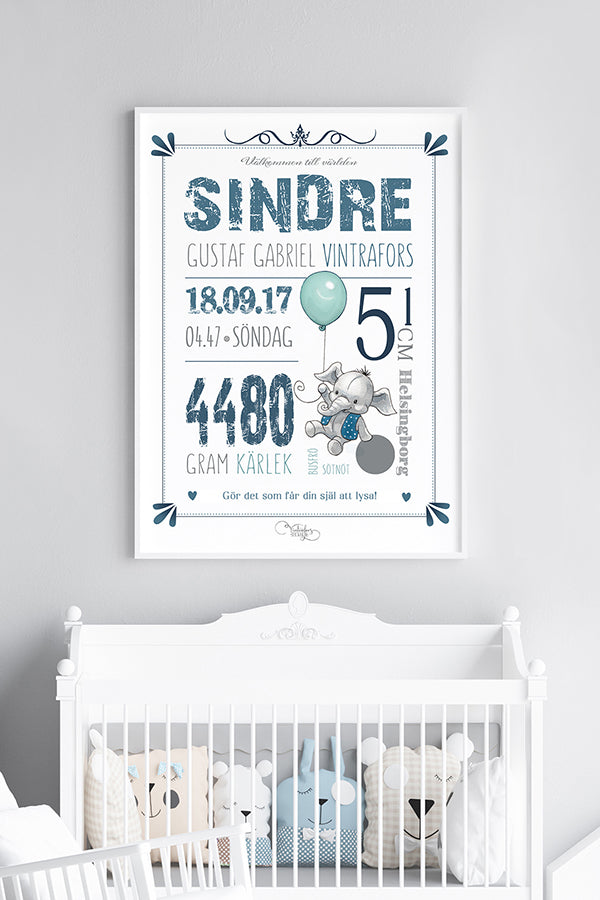 Personlig Poster | Födelsetavla | Blue Elephant