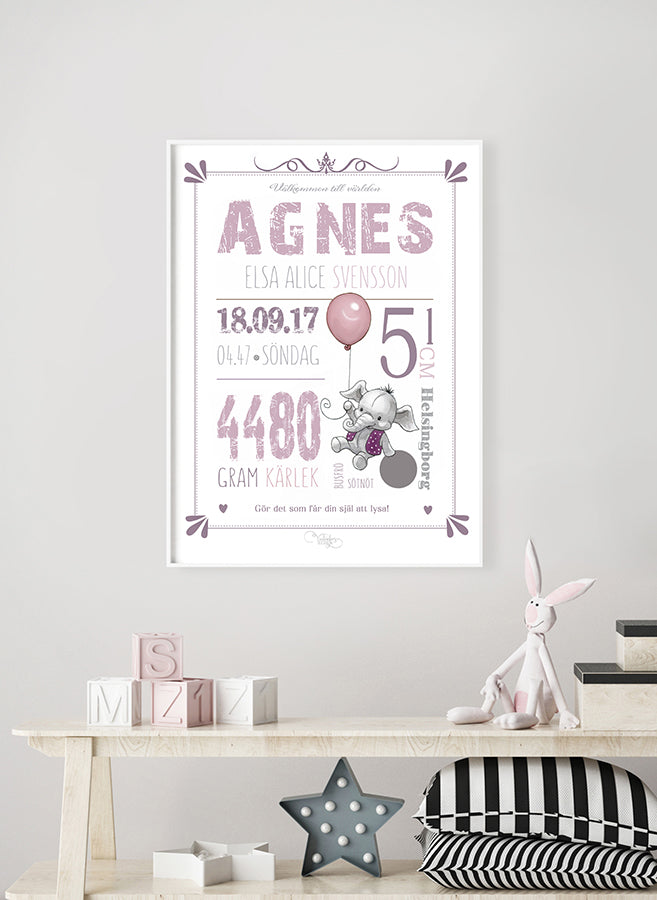 Personlig Poster | Födelsetavla | Doptavla | Pink Elephant