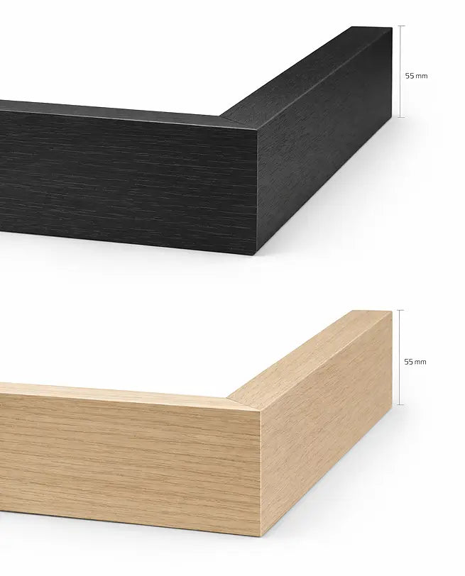 Black and oak-finish canvas frames, both 55 mm deep